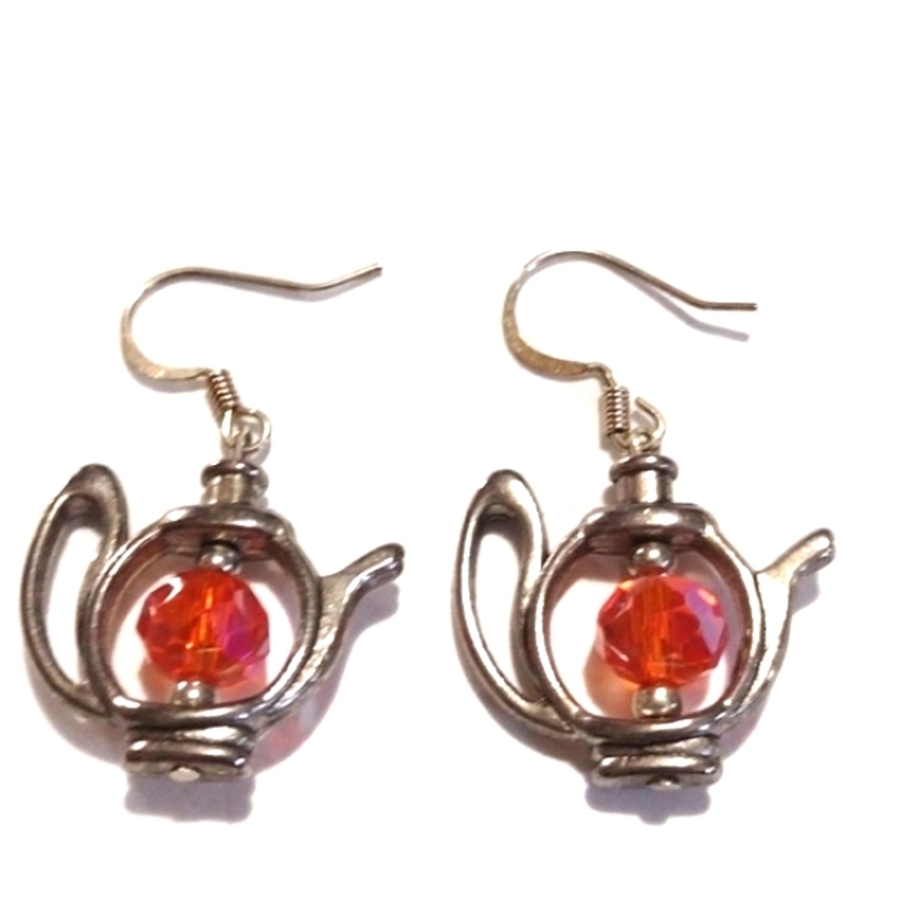 VINTAGE TEAPOT IRIDESCENT RED ORANGE BEADED SILVER-TONE HOOK DROP 1.5" EARRINGS
